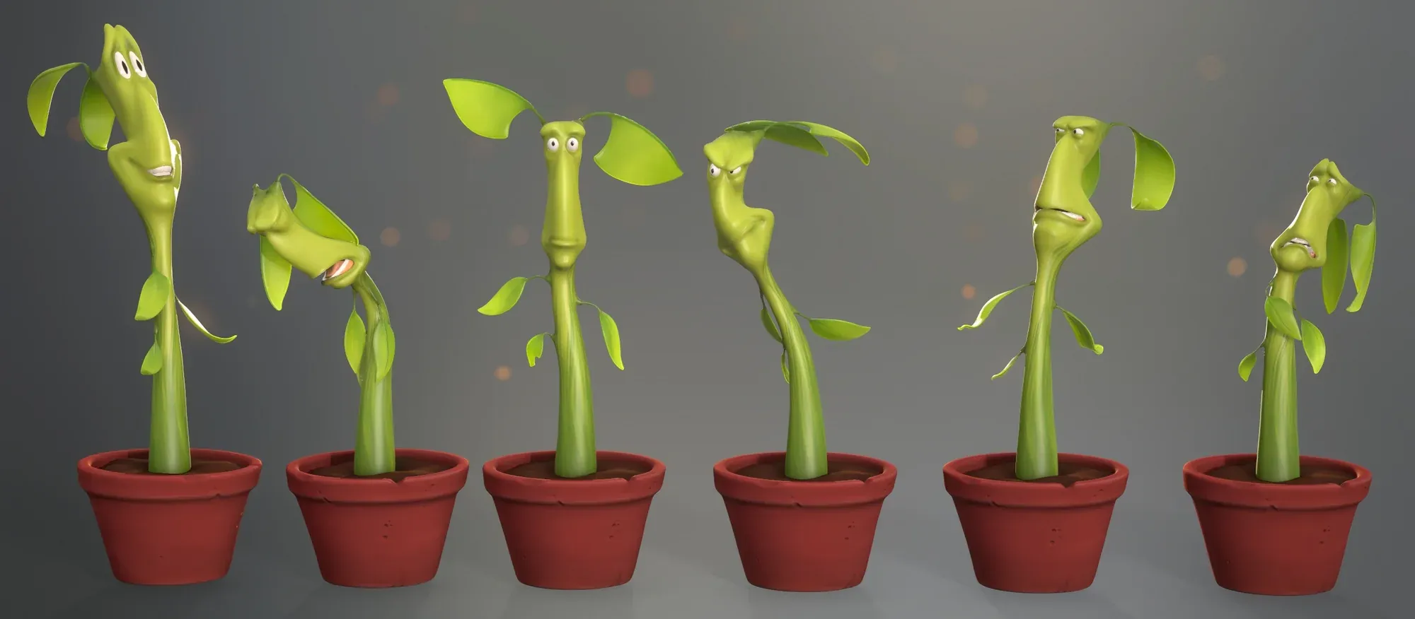 A stylized potted plant character sculpted through six exaggerated facial expressions, from wide-eyed to scowling, in a row.